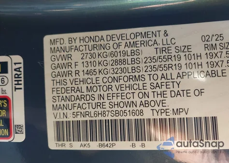 2025 Honda Odyssey Touring z USA, uszkodzony, nr VIN 5FNRL6H87SB051608